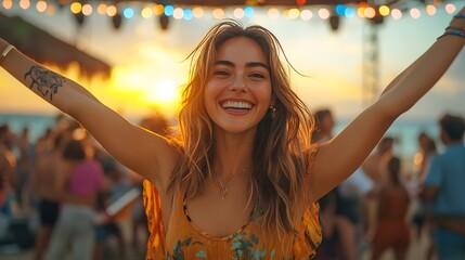 Happy woman celebrating at a beach party with arms raised, as people dance to live music near the stage.