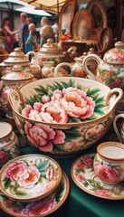 Fototapeta premium italienische Töpferware mit einem Pfingstrosen Motiv auf einem Kunstmarkt in Italien