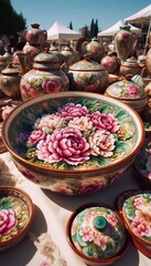 Fototapeta premium italienische Töpferware mit einem Pfingstrosen Motiv auf einem Kunstmarkt in Italien