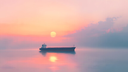 Fototapeta premium quiet cargo ship drifts slowly across the horizon, the sky a soft blend of peach and lavender tones