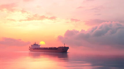 Fototapeta premium quiet cargo ship drifts slowly across the horizon, the sky a soft blend of peach and lavender tones
