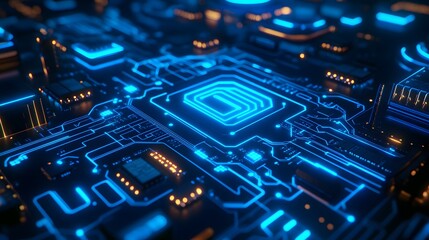 A futuristic circuit board glowing in neon blue, filled with intricate technology patterns and digital landscape elements, showcasing high-tech machinery in a cyberpunk aesthetic.