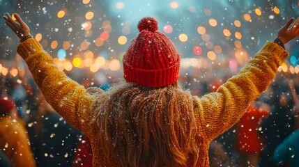 Woman enjoying the festive vibe at a Christmas beach concert, arms raised as the crowd dances around her.