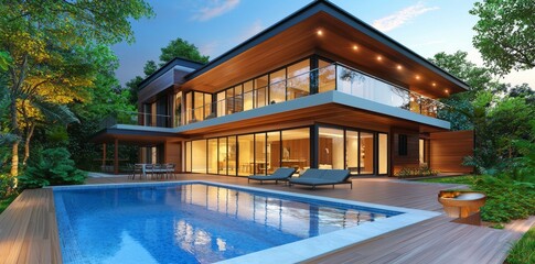 Fototapeta premium Stocke. Modern design architecture house villa hotel mansion with swimming pool. Outdoor luxury vibe vacation. Graphic Art.