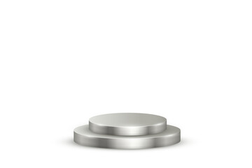 Silver podium for awards or product display vector illustration. Empty 3d platinum stage on white background. Luxury elegant platform for cosmetics presentation, ceremony pedestal for winners