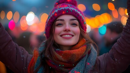 Woman enjoying the festive vibe at a Christmas beach concert, arms raised as the crowd dances around her.