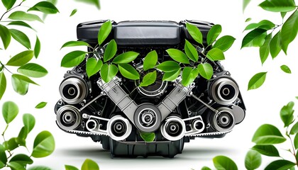 Eco-friendly engine surrounded by vibrant green leaves on a clean white background