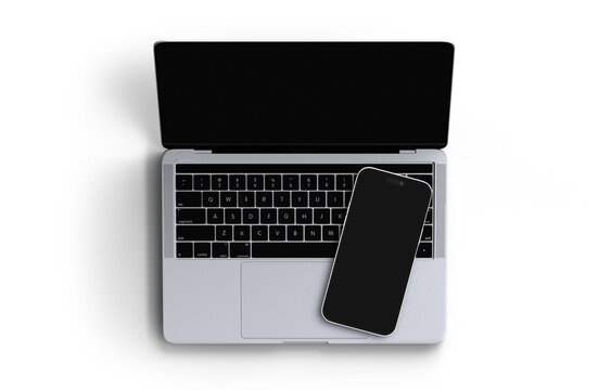 Laptop and phone mockup isolated. Computer with empty blank screen. Top view.