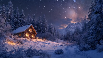 Fototapeta premium Snow-covered mountain cabin under a clear, starlit sky, with the cabin glowing warmly against the cold, dark night. 4K hyperrealistic photo.