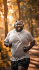 Fototapeta premium A man is running in a forest with a smile on his face