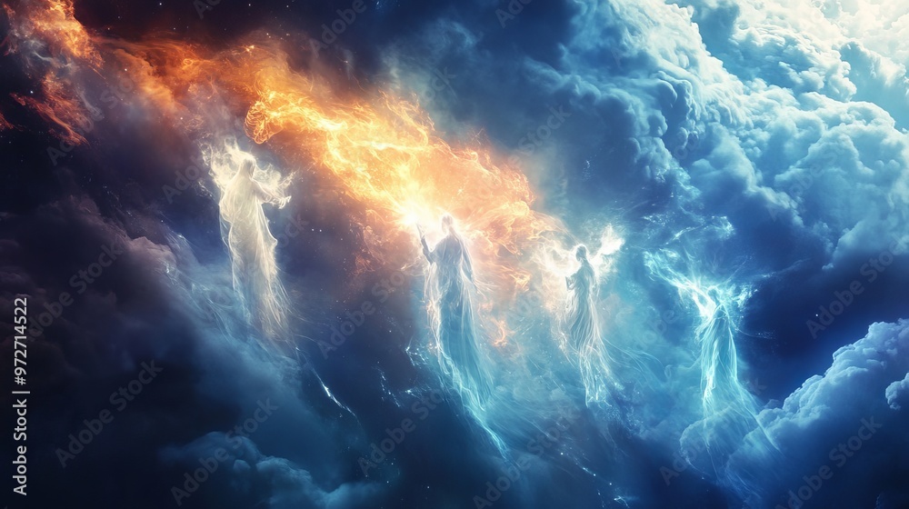 Poster Celestial beings emerge from vibrant clouds in a cosmic display of color and light during a galactic event