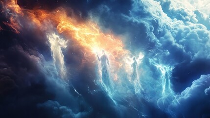 Celestial beings emerge from vibrant clouds in a cosmic display of color and light during a galactic event