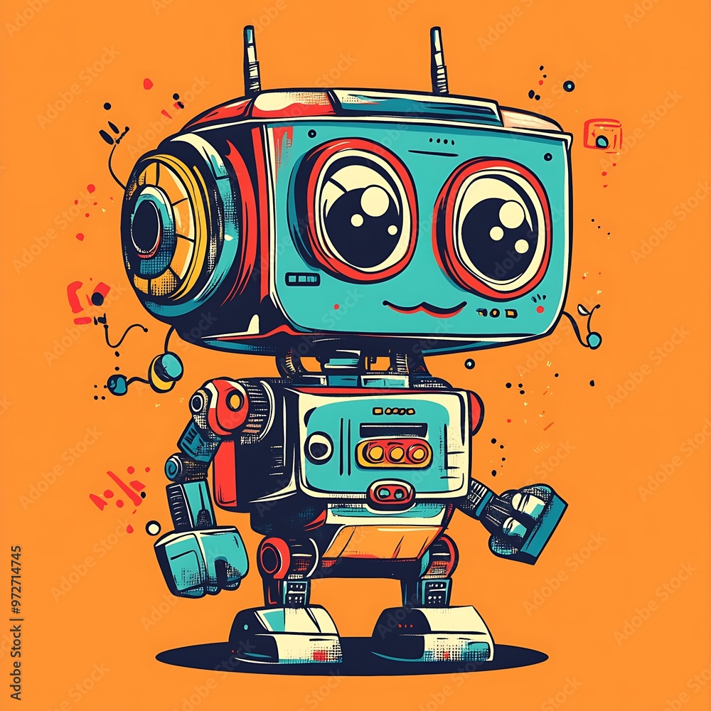 Poster retro-style cartoon robot with large eyes and antennas