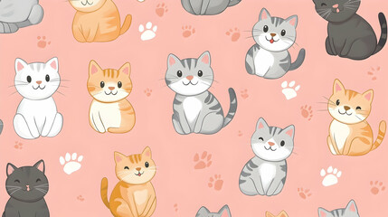 Cute cats in different poses, vibrant pastel colors, playful and happy expressions, seamless...