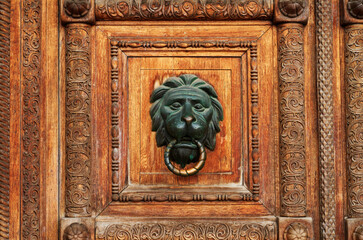 Old wooden door with lion head knocker, closeup of photo	
