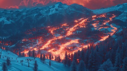 Heatmap of a mountain resort, with intense reds and oranges marking the busiest slopes and lifts, cooler blues in the less crowded areas. 4K hyperrealistic photo.