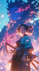 Anime boy and girl in samurai uniform style in Vertical background