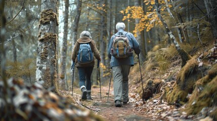 Two older people are walking on a trail in the woods