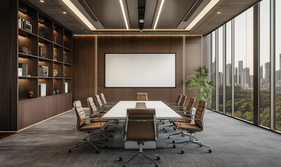 Modern-style mockup of the interior design of an office conference room with a gray carpet floor and walls made of dark brown wood.