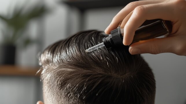 Applying hair serum to smooth and enhance the texture of a young man's hairstyle in a contemporary indoor setting