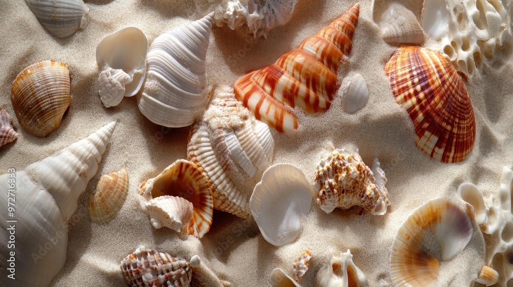 Poster a collection of various seashells scattered on fine sand at a beach during daylight hours