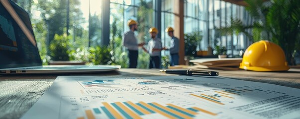 Close-up of business documents with graphs on a table in a modern office environment with construction workers - Powered by Adobe