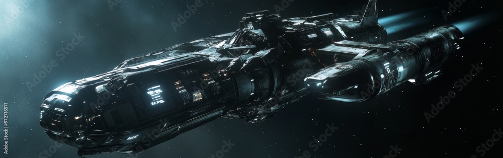 Poster A futuristic spaceship soaring through the starry expanse of deep space, showcasing advanced technology and sleek design