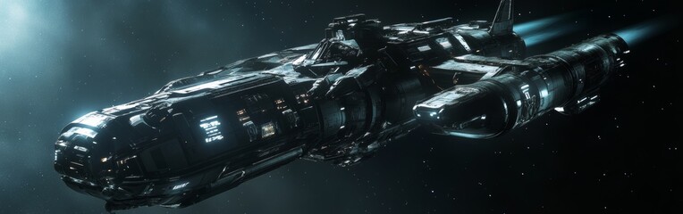 A futuristic spaceship soaring through the starry expanse of deep space, showcasing advanced technology and sleek design
