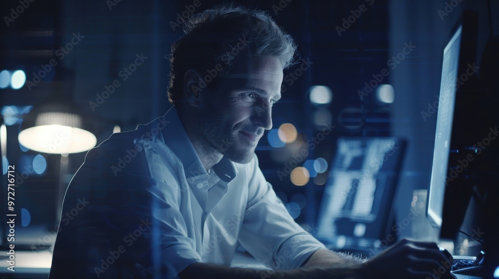 Leinwandbilder a man is sitting in front of a computer monitor, smiling as he works