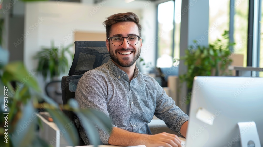 Aufkleber a man is sitting at a desk with a computer and smiling