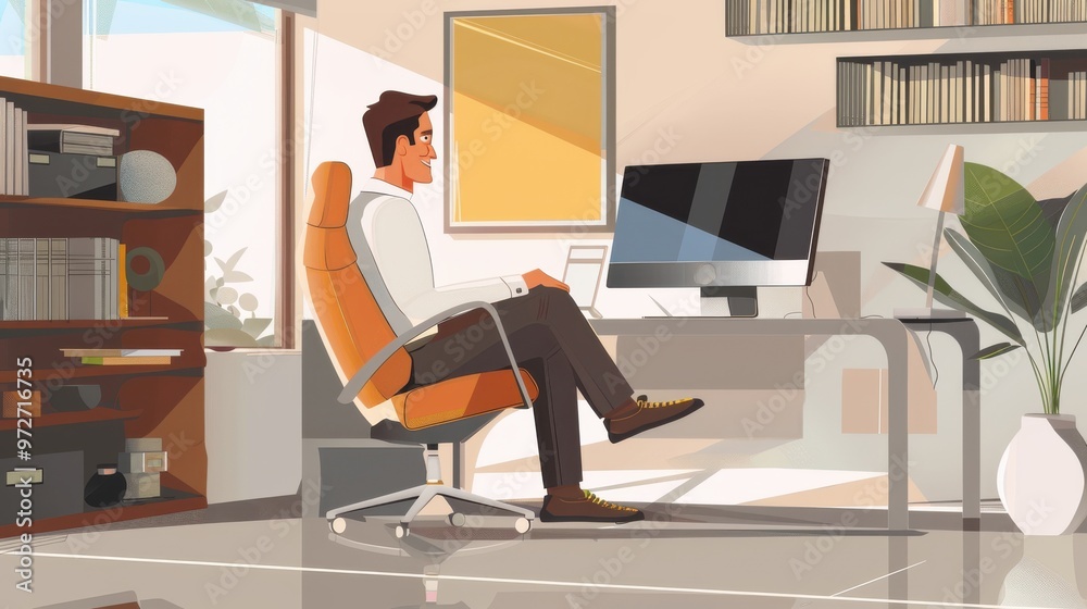 Aufkleber A man is sitting at a desk in a room with a computer monitor and a keyboard
