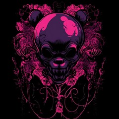 Glowing Pink Skull with Fangs and Floral Design