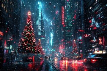 Obraz premium Festive Christmas tree in vibrant Times Square at night, New York City