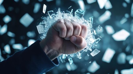 Fist surrounded by shattered glass and financial reports, symbolizing a breakthrough business impact and disruption
