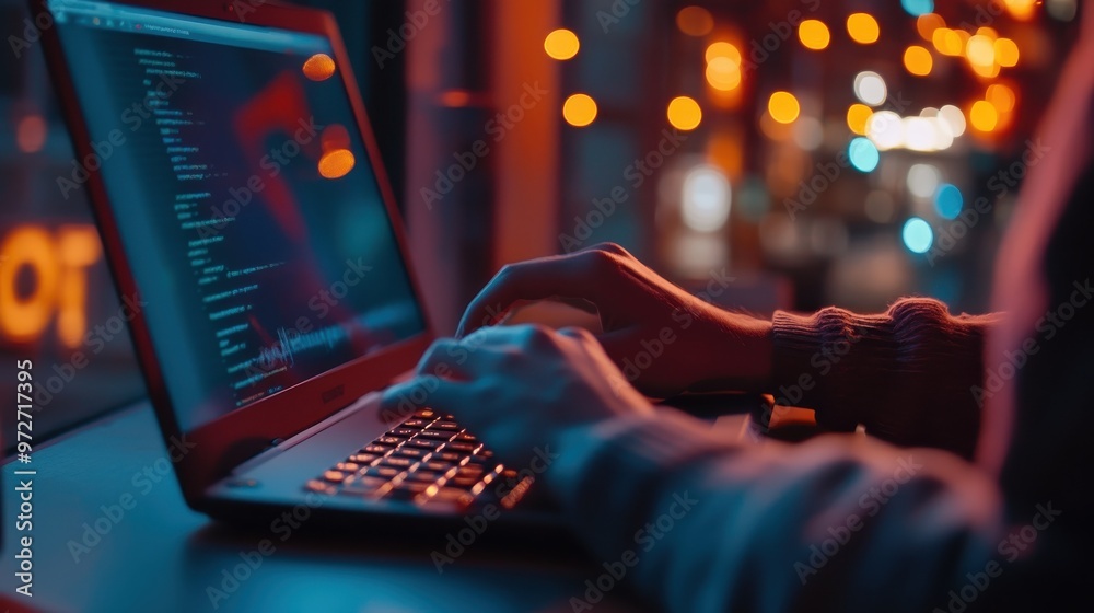 Poster a person coding on a laptop at night with city lights glowing in the background