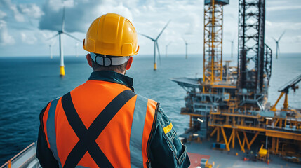 Offshore oil rig worker in a hard hat and safety vest gazes at wind turbines in the distance, representing the shift towards sustainable energy