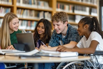 Diverse group of teenagers, including one in a wheelchair, collaborating on a laptop in a library
