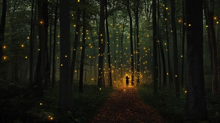 Enchanting Glow of Fireflies Illuminating a Mystical Forest Pathway