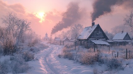 Obraz premium Early morning walk through a snow-covered village, with smoke rising from chimneys and soft sunlight. 4K hyperrealistic photo.