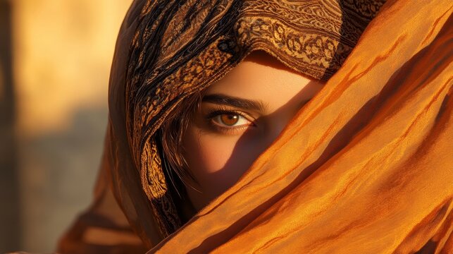 Close-up of a beautiful woman wearing an Arabic Muslim oriental headscarf