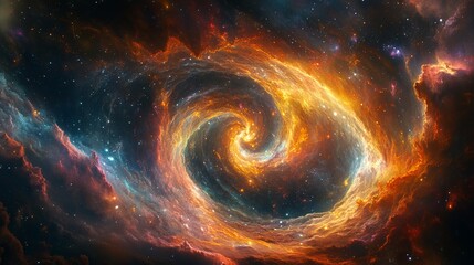 A swirling vortex of colors in space, filled with stars, dust, and glowing elements depicting an energetic and dynamic cosmic event