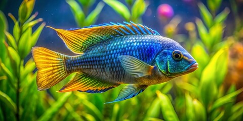 Vibrant blue and yellow peacock cichlid fish swims amidst lush green aquatic plants, its iridescent scales catching