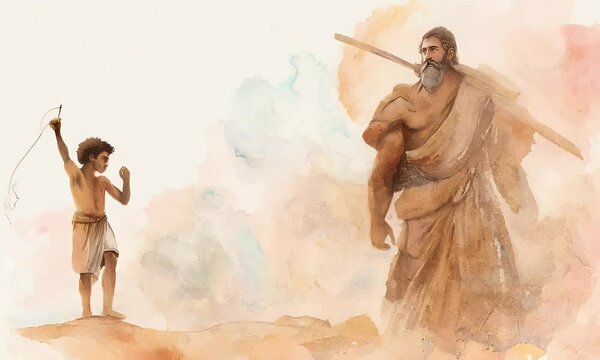 Captivating watercolor of David and Goliath, illustrating the triumph of courage and faith over adversity.