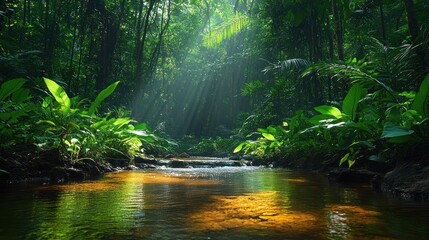Serene jungle scene with sunlight filtering through lush greenery.
