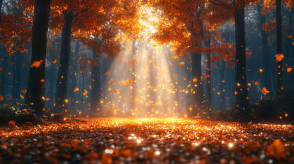 Orange fall leaves in park, autumn natural background, Autumn Landscape - Trees And Orange Foliage In Park