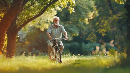 Obraz premium An older man is riding a bicycle in a park