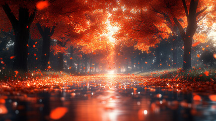 Orange fall leaves in park, autumn natural background, Autumn Landscape - Trees And Orange Foliage In Park