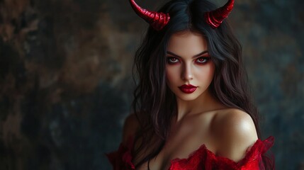 Portrait of a beautiful woman dressed as a sexy devil for halloween wearing red with devil horns