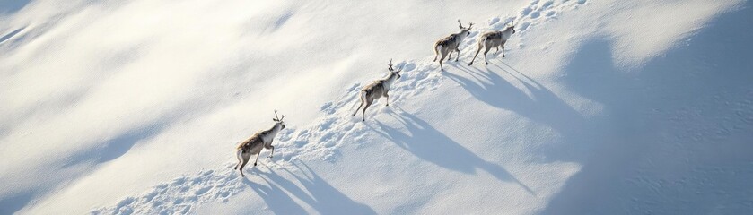 A breathtaking view of reindeer walking gracefully across a snowy landscape, leaving tracks in the fresh snow.