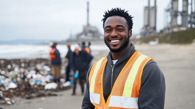Environmental activist smiles while leading volunteers in beach clean-up with industrial area in background - Powered by Adobe